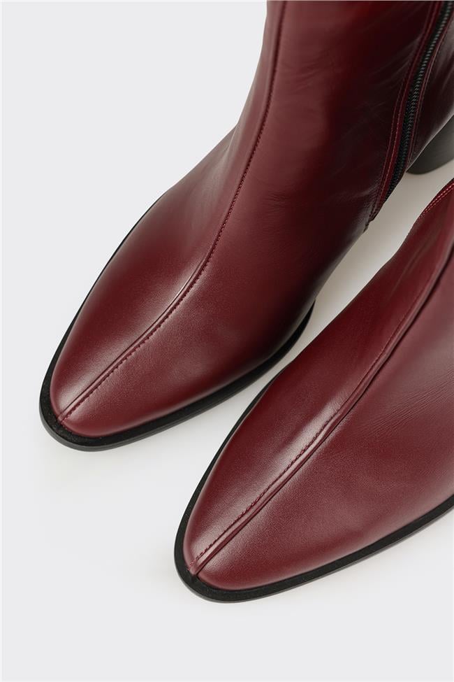 Bordo Deri Kadın Klasik Bot