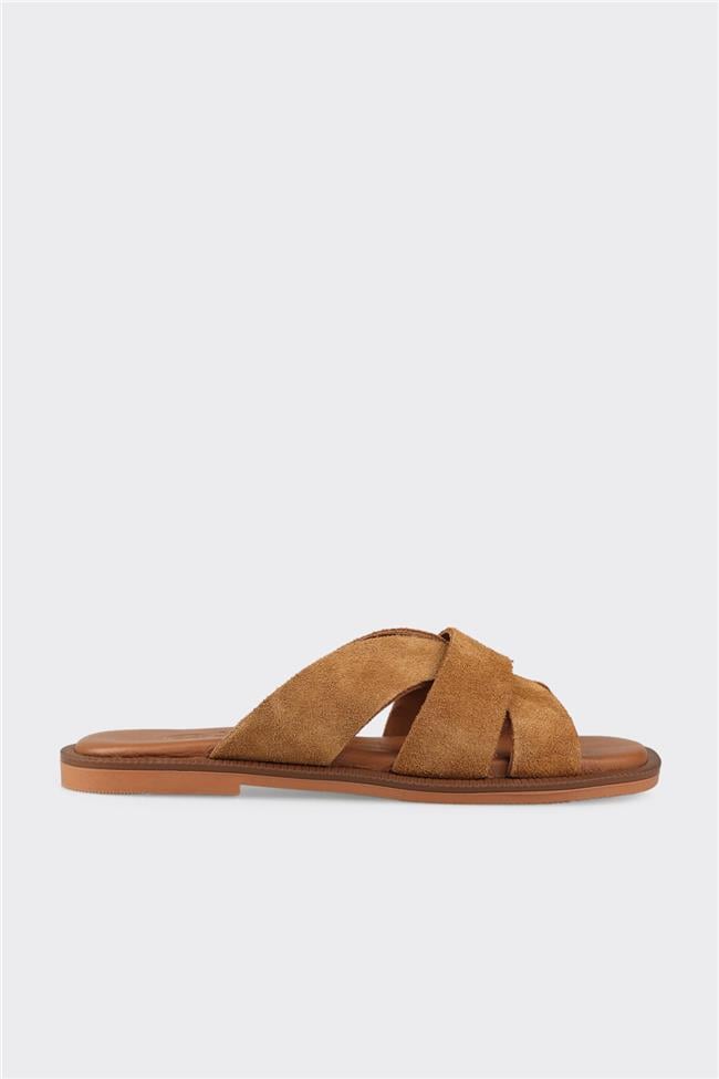 Camel Deri Kadın Düz Terlik