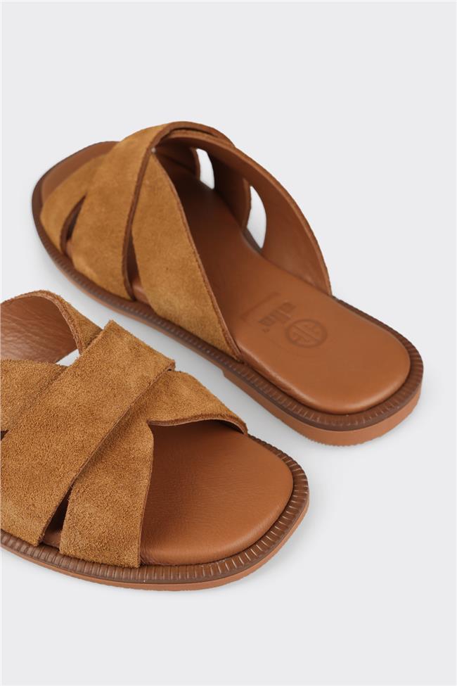 Camel Deri Kadın Düz Terlik