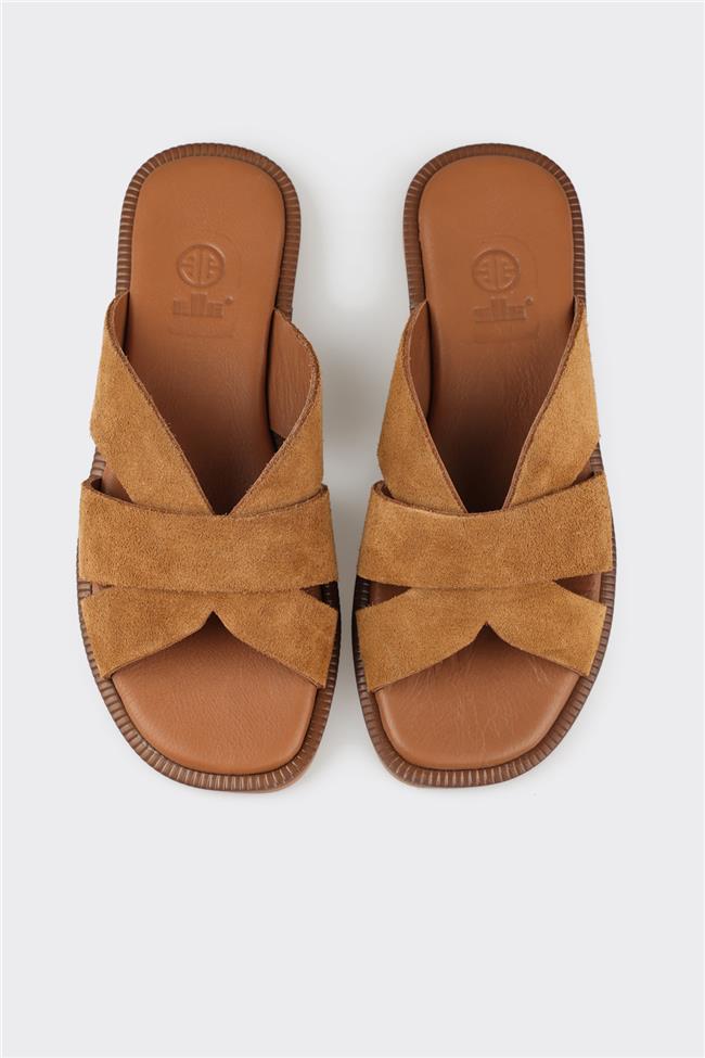 Camel Deri Kadın Düz Terlik