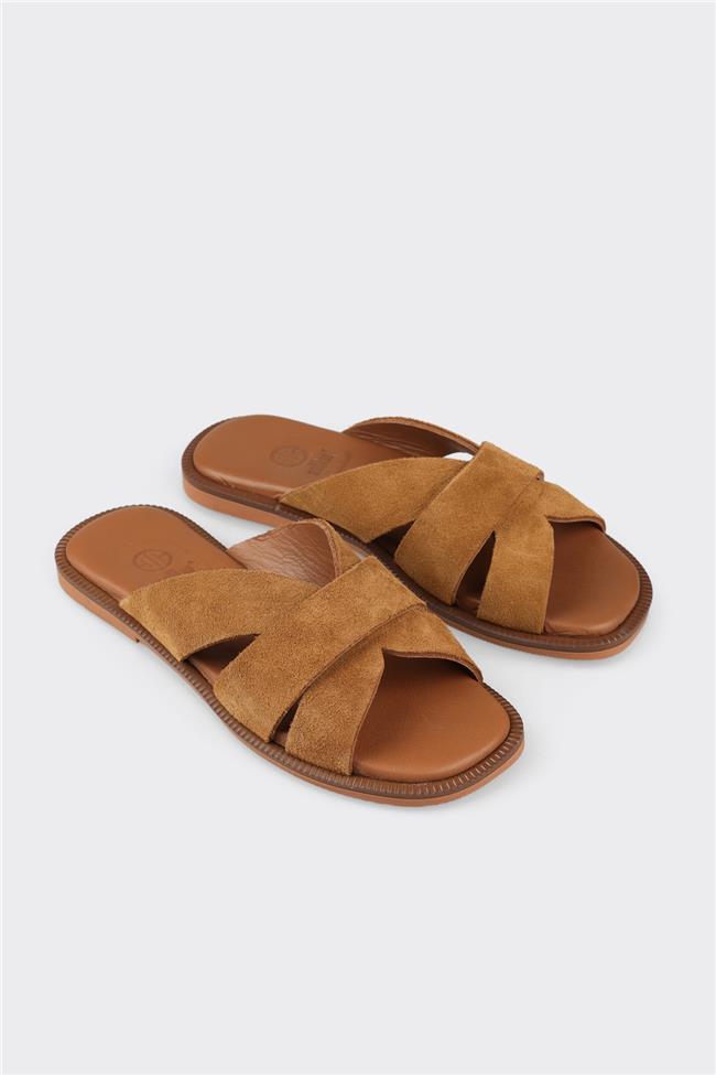 Camel Deri Kadın Düz Terlik