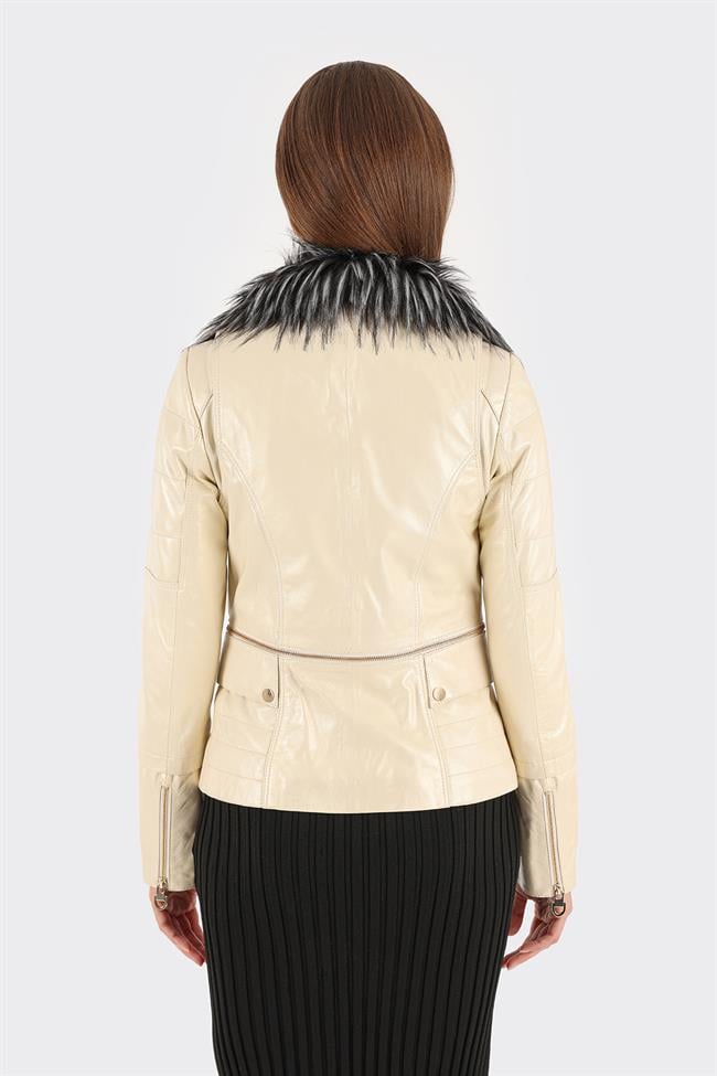 Ekru Deri Kadın Ceket