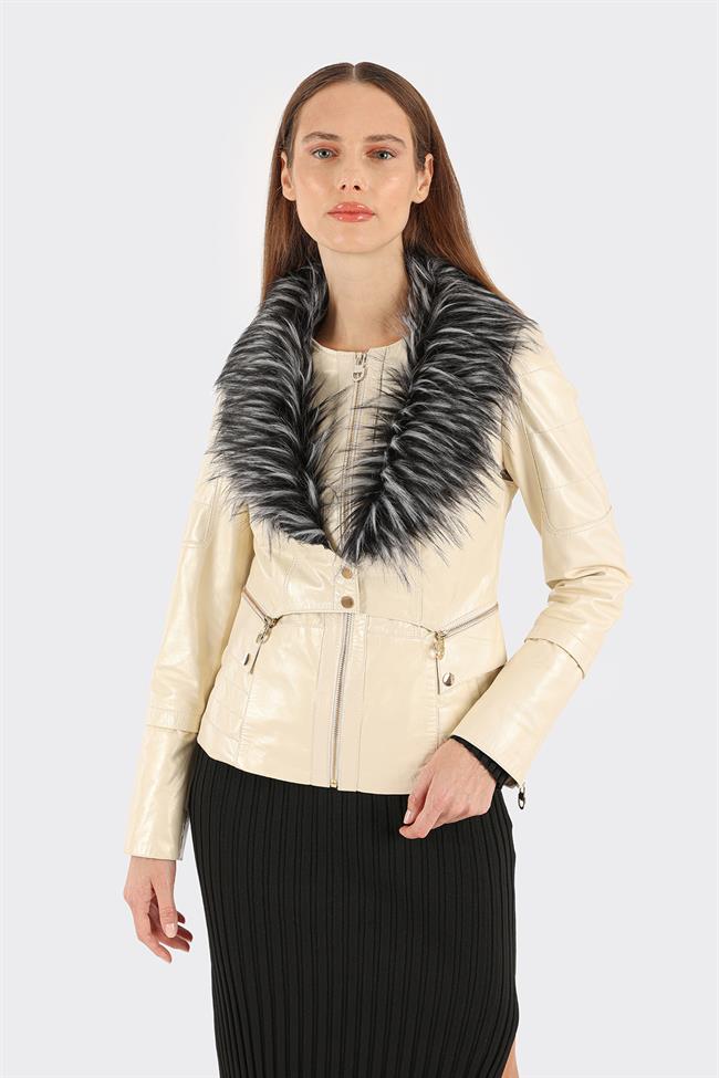 Ekru Deri Kadın Ceket