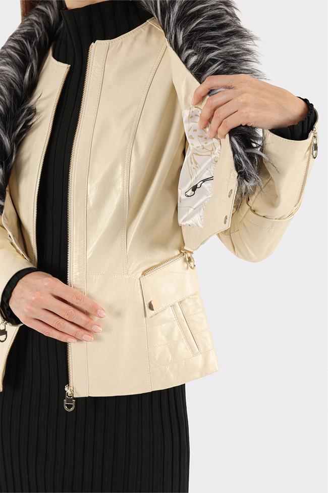 Ekru Deri Kadın Ceket