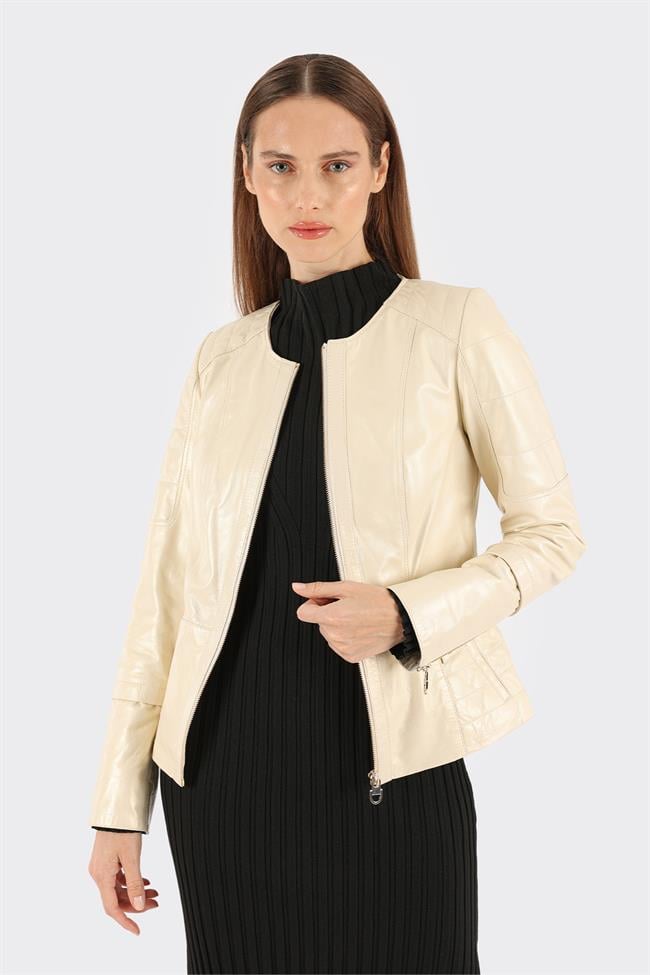 Ekru Deri Kadın Ceket