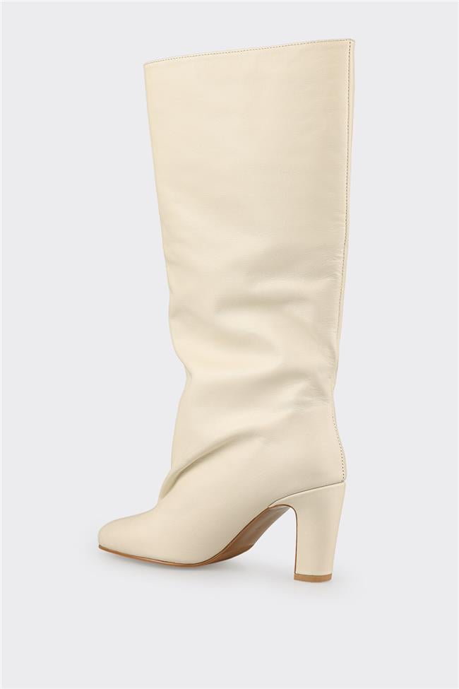 Ekru Deri Kadın Çizme