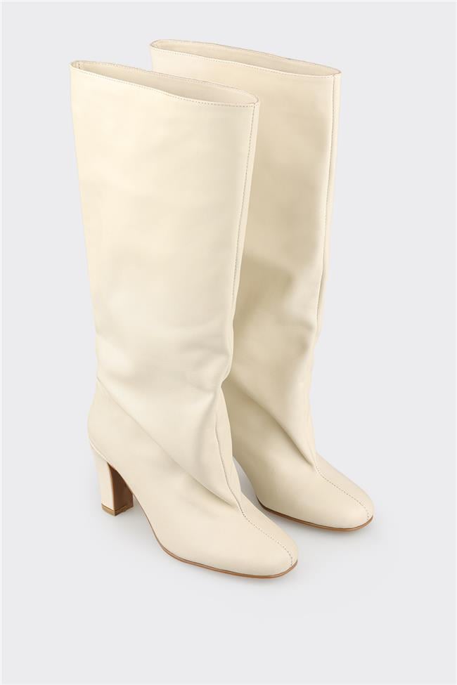 Ekru Deri Kadın Çizme