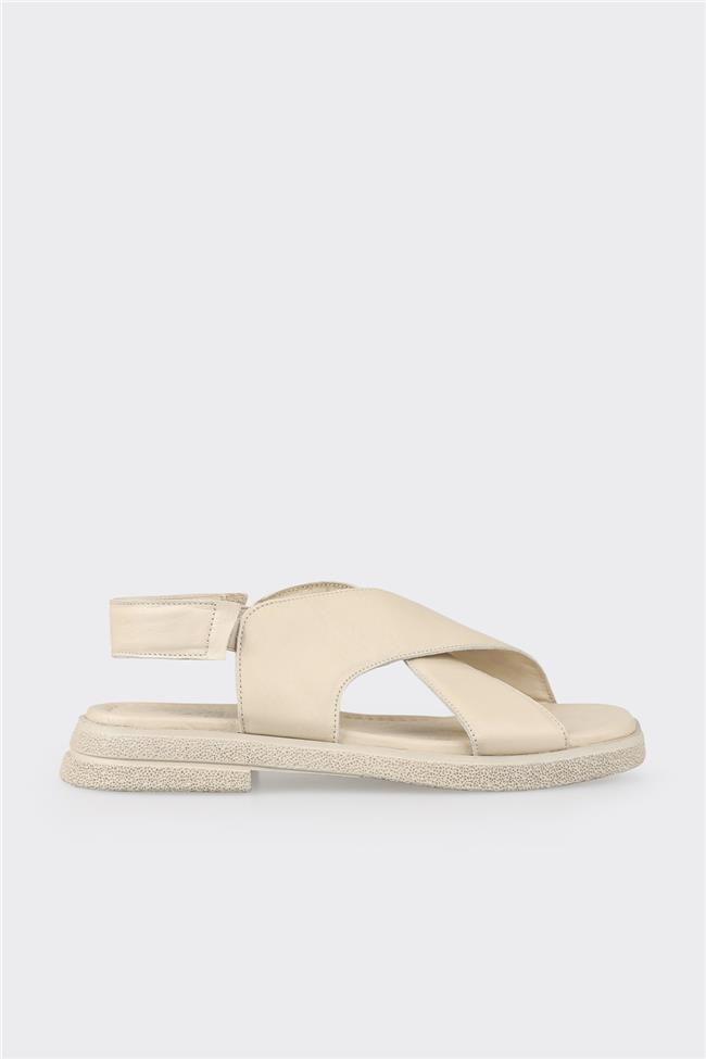 Ekru Deri Kadın Düz Sandalet