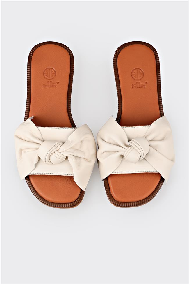 Ekru Deri Kadın Düz Terlik