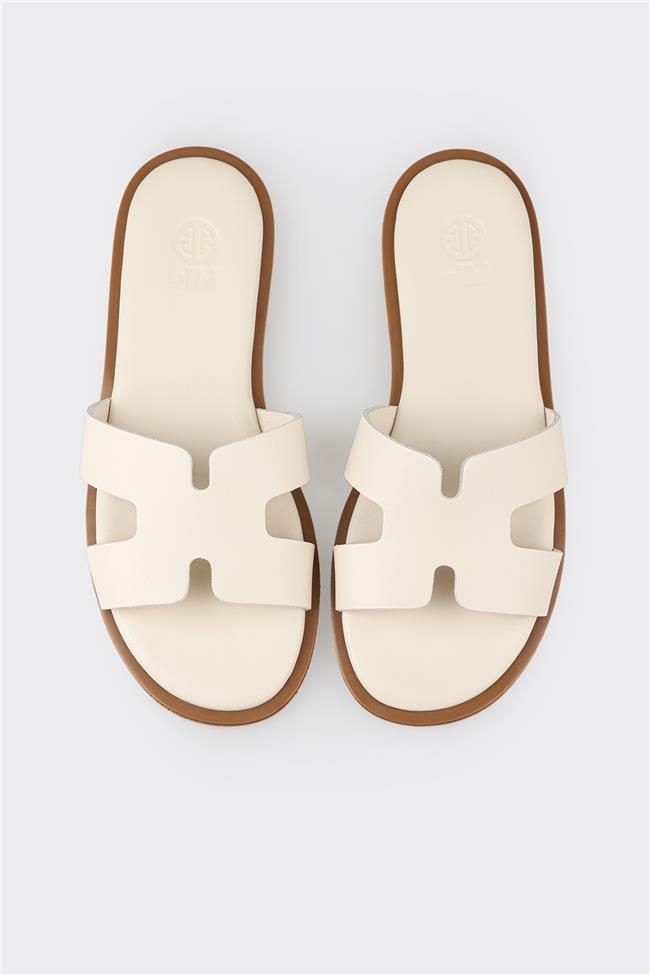 Ekru Deri Kadın Düz Terlik