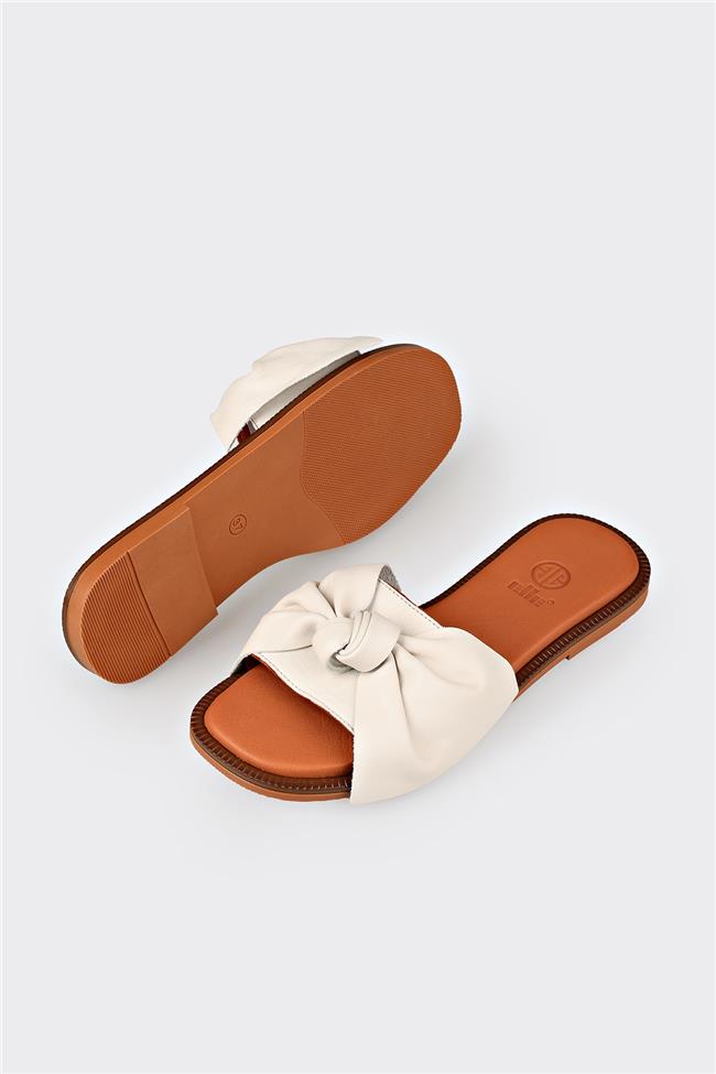 Ekru Deri Kadın Düz Terlik