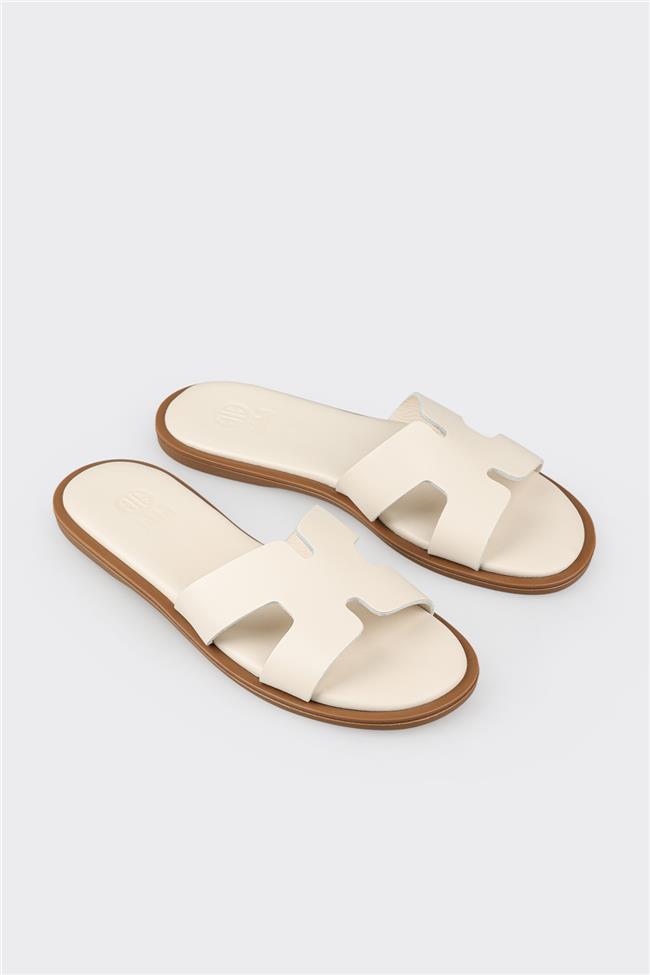Ekru Deri Kadın Düz Terlik