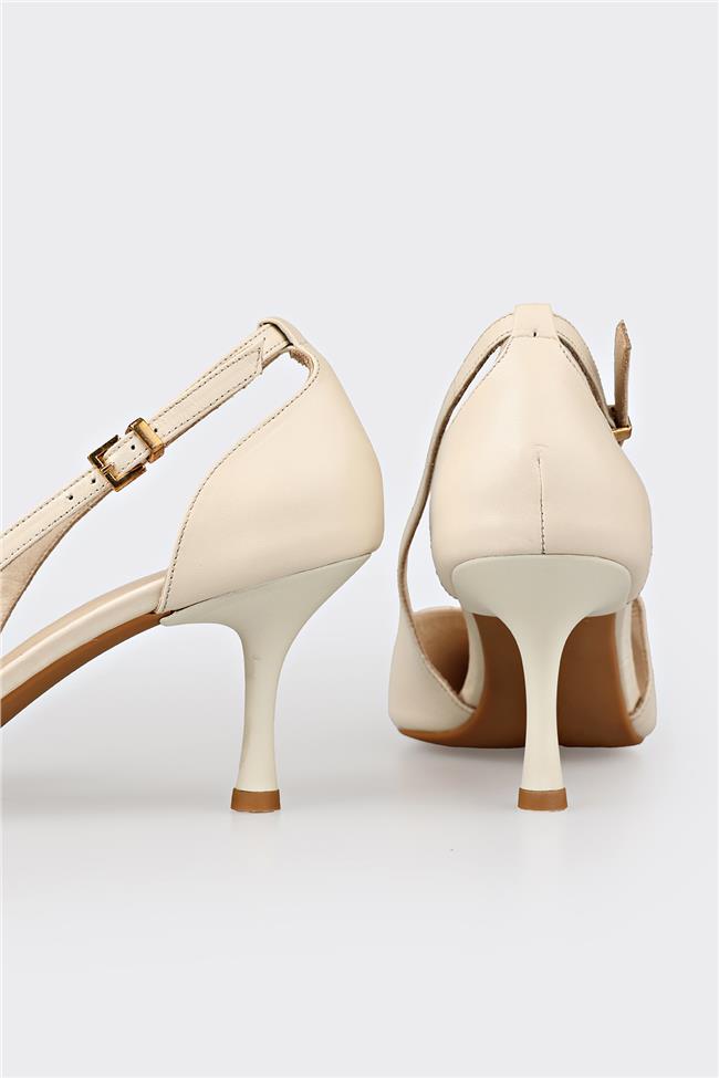 Ekru Deri Kadın Topuklu Ayakkabı