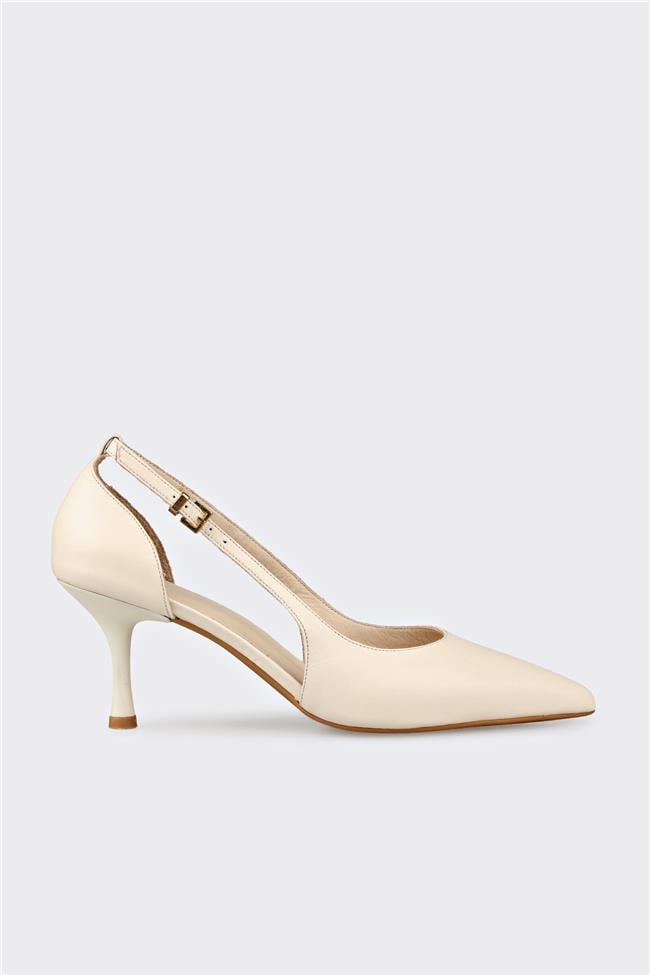Ekru Deri Kadın Topuklu Ayakkabı