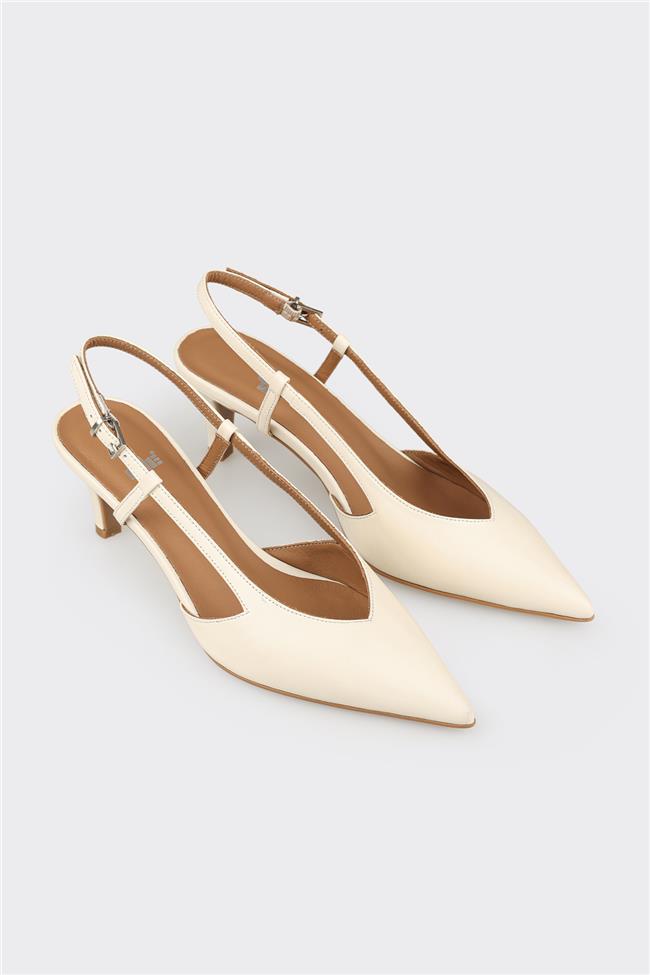 Ekru Deri Kadın Topuklu Ayakkabı