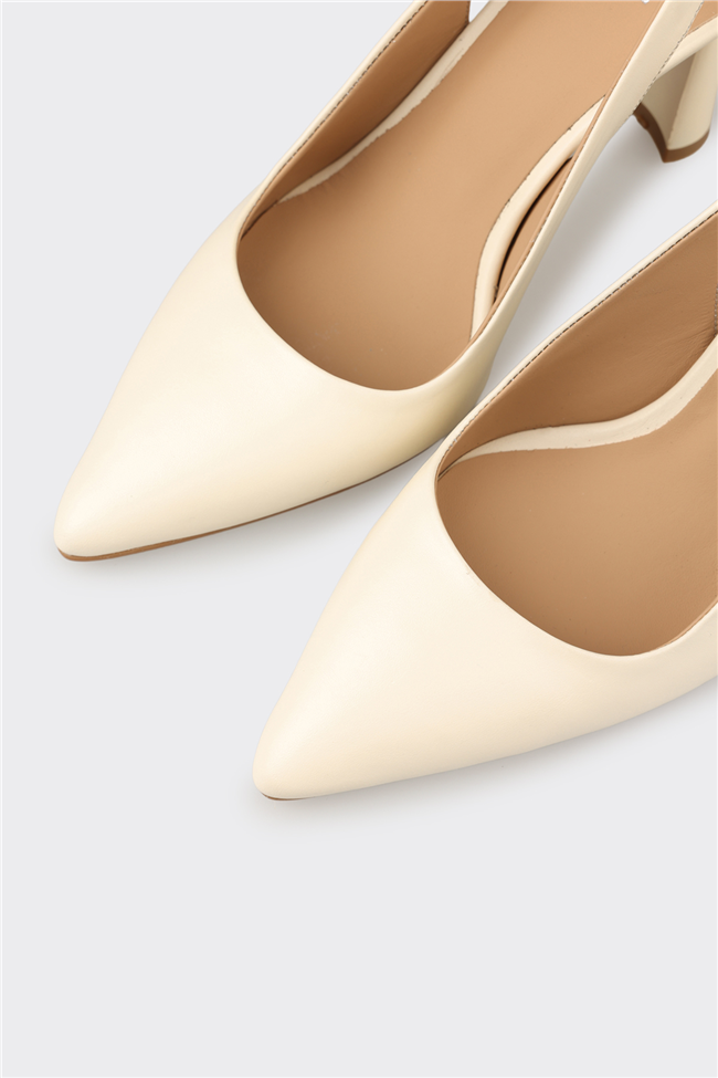 Ekru Deri Kadın Topuklu Ayakkabı