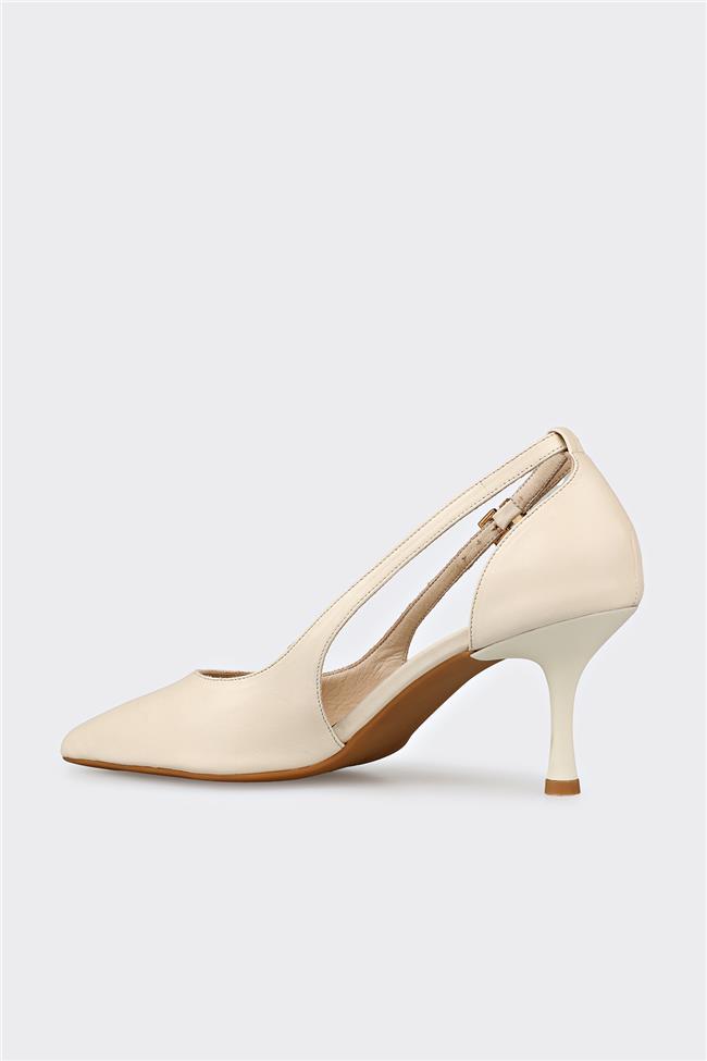 Ekru Deri Kadın Topuklu Ayakkabı