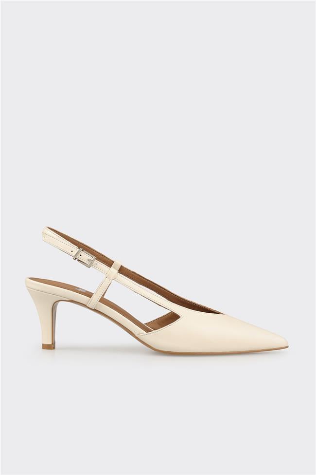 Ekru Deri Kadın Topuklu Ayakkabı