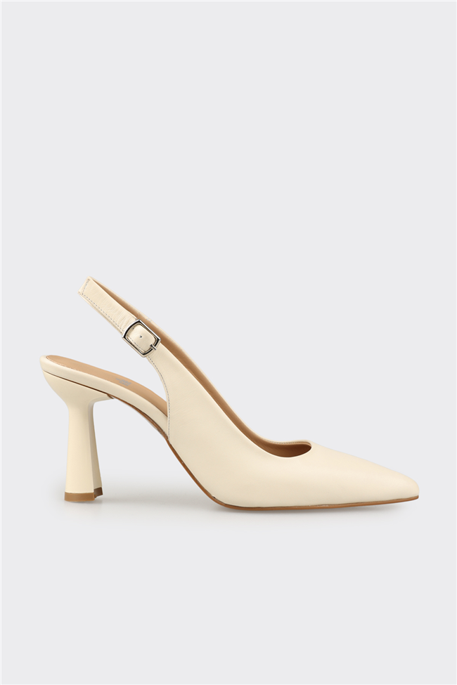 Ekru Deri Kadın Topuklu Ayakkabı