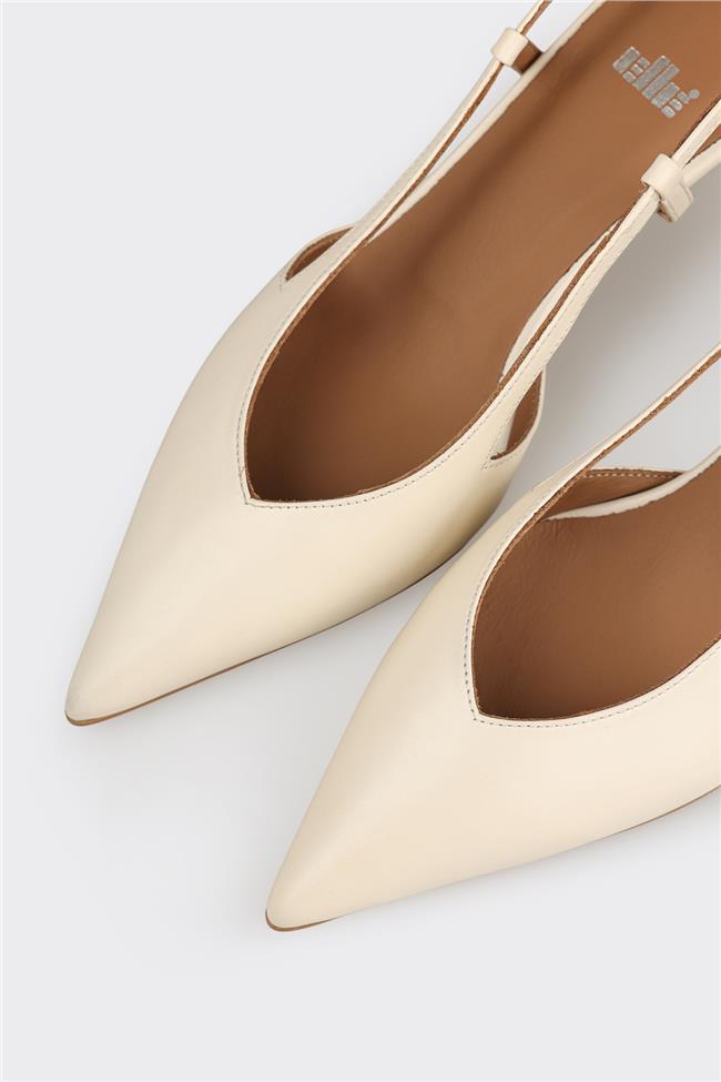 Ekru Deri Kadın Topuklu Ayakkabı
