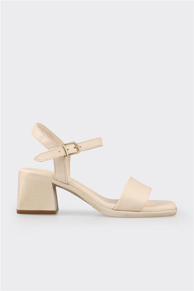Ekru Deri Kadın Topuklu Sandalet