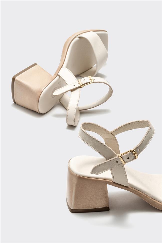 Ekru Deri Kadın Topuklu Sandalet