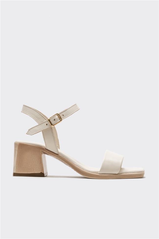 Ekru Deri Kadın Topuklu Sandalet