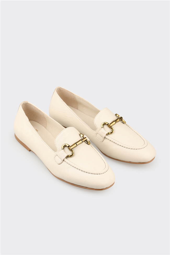 Ekru Deri Kadın Günlük Ayakkabı