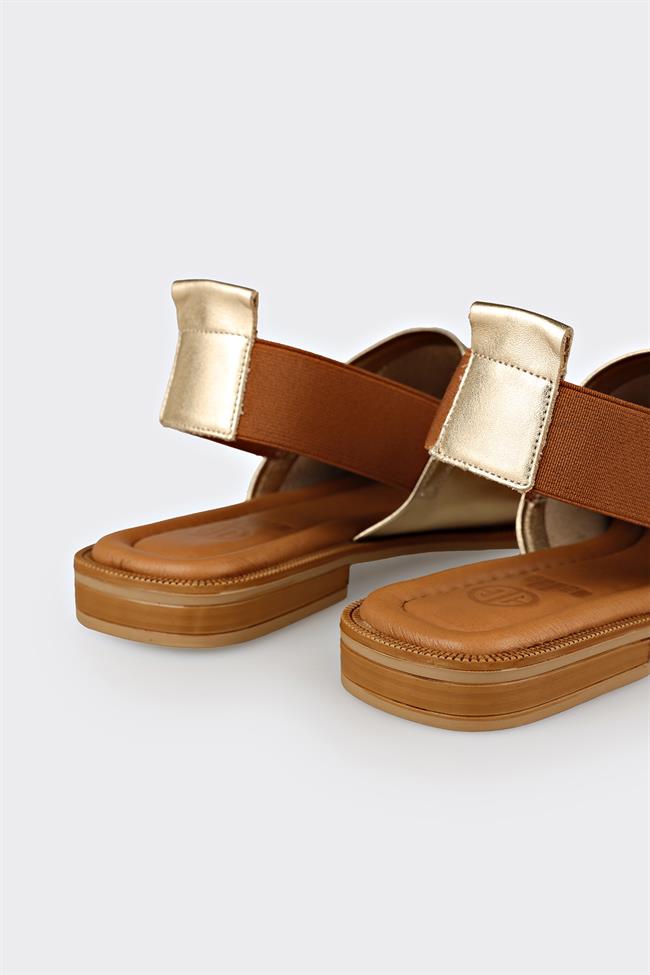 Gold Deri Kadın Düz Sandalet