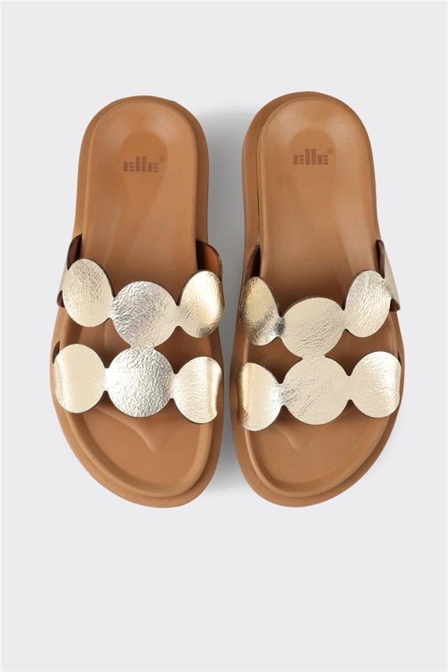 Gold Deri Kadın Düz Terlik