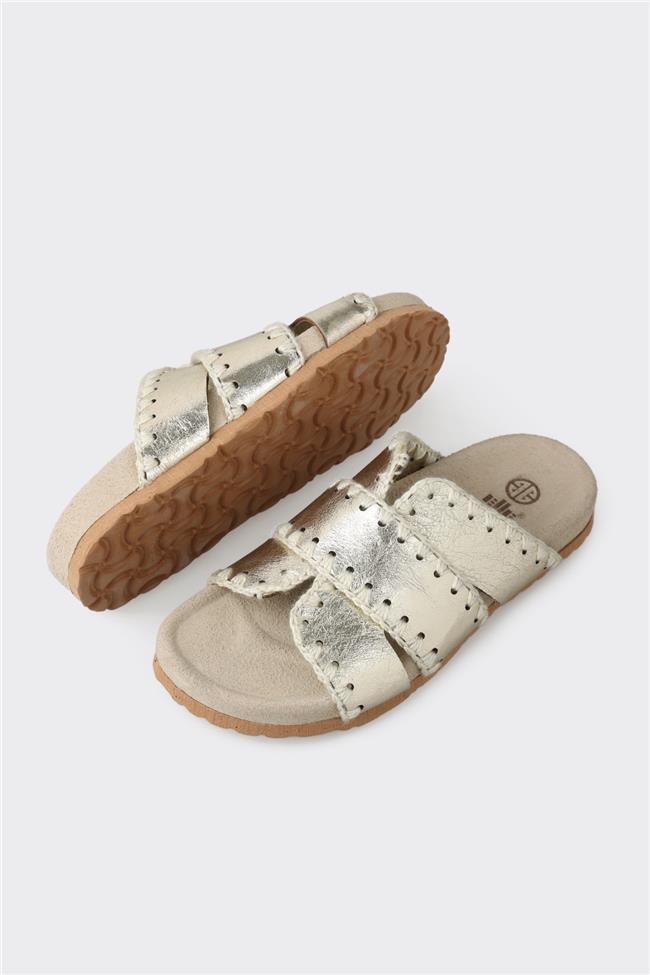 Gold Deri Kadın Düz Terlik