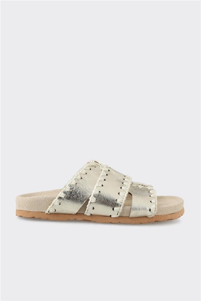 Gold Deri Kadın Düz Terlik