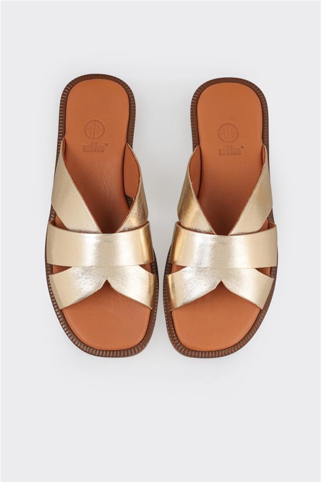 Gold Deri Kadın Düz Terlik