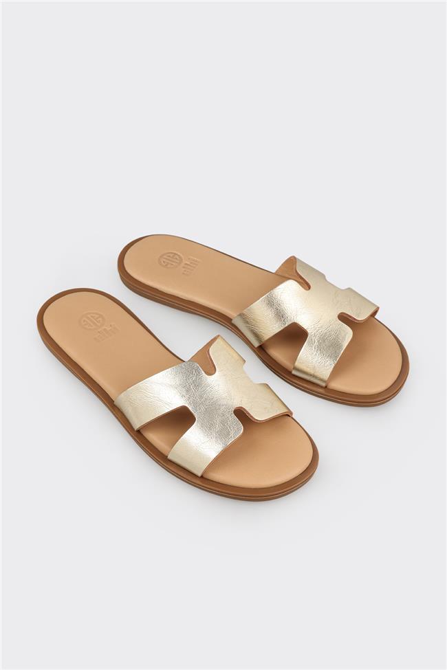 Gold Deri Kadın Düz Terlik