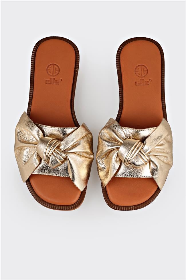 Gold Deri Kadın Düz Terlik