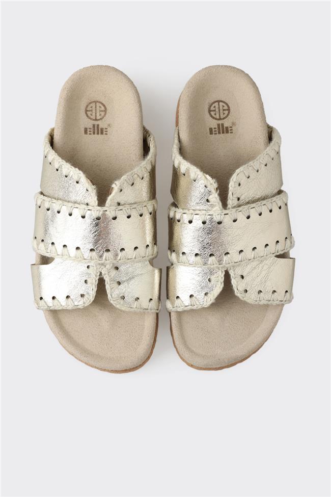 Gold Deri Kadın Düz Terlik