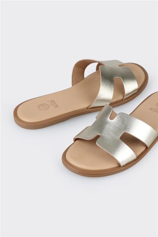 Gold Deri Kadın Düz Terlik