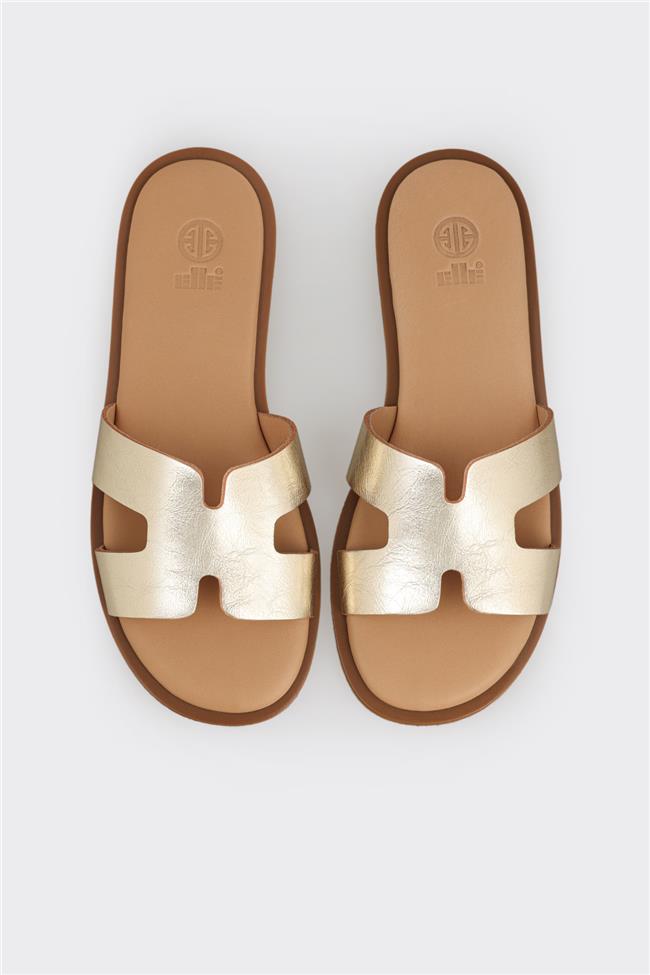 Gold Deri Kadın Düz Terlik