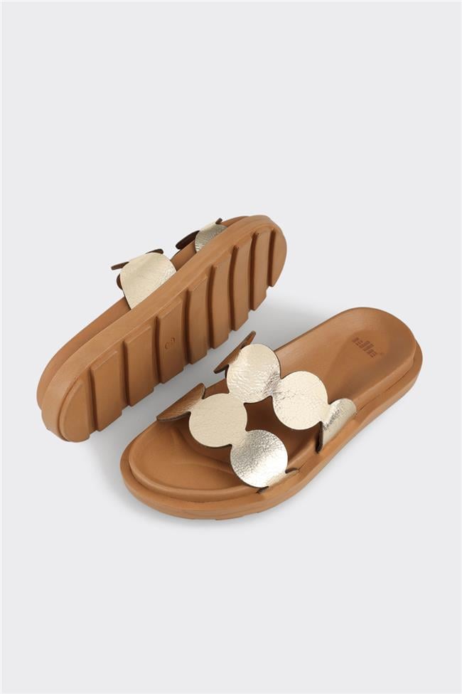 Gold Deri Kadın Düz Terlik