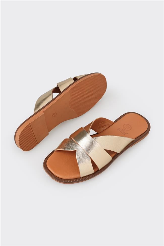 Gold Deri Kadın Düz Terlik