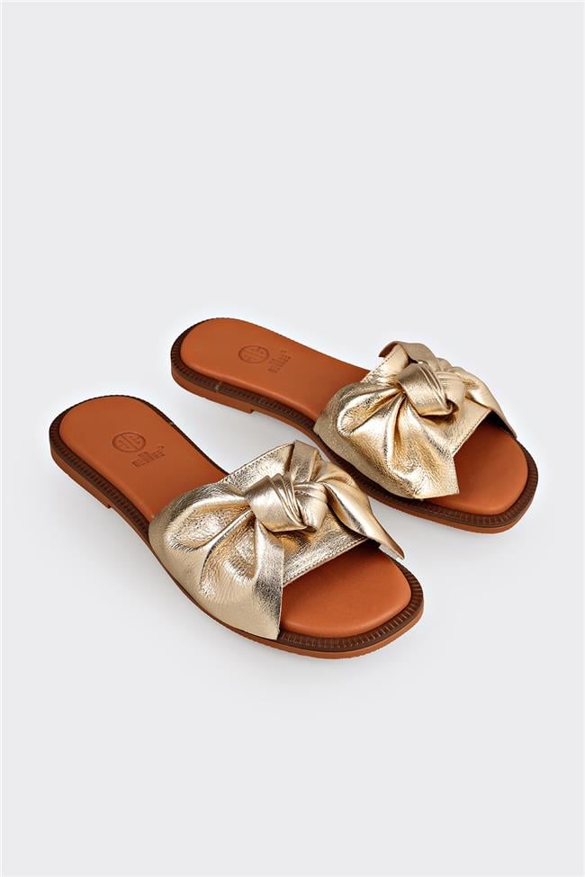 Gold Deri Kadın Düz Terlik