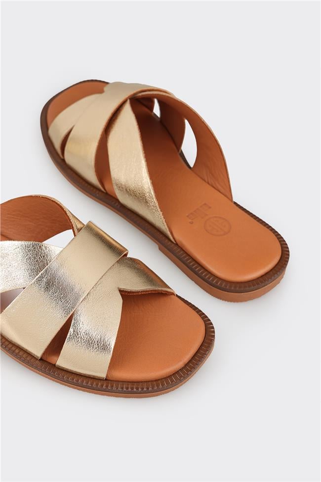 Gold Deri Kadın Düz Terlik