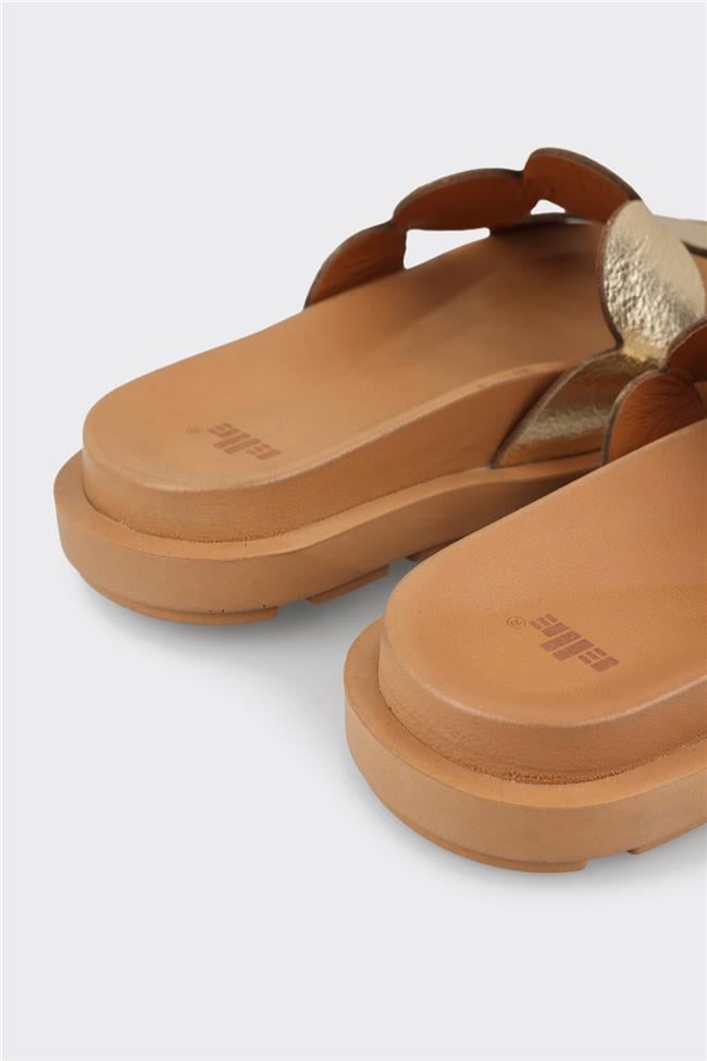 Gold Deri Kadın Düz Terlik