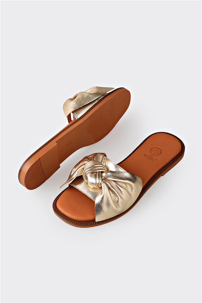 Gold Deri Kadın Düz Terlik