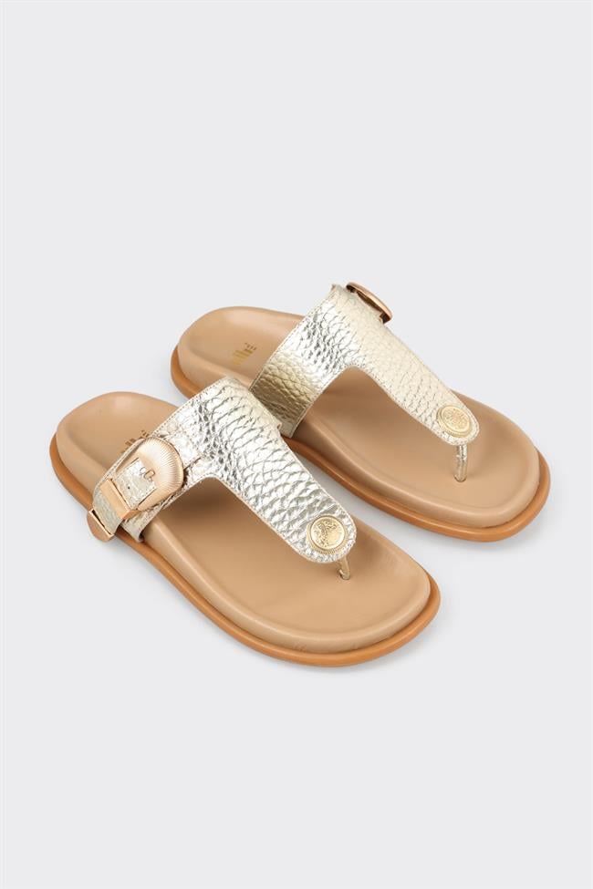 Gold Deri Kadın Parmak Arası Terlik