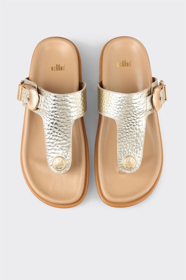 Gold Deri Kadın Parmak Arası Terlik