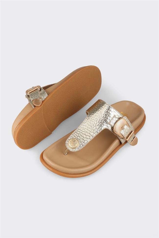 Gold Deri Kadın Parmak Arası Terlik