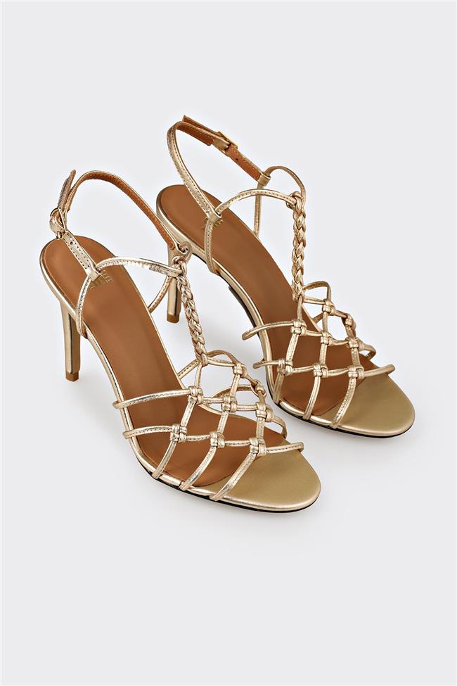 Gold Deri Kadın Topuklu Sandalet
