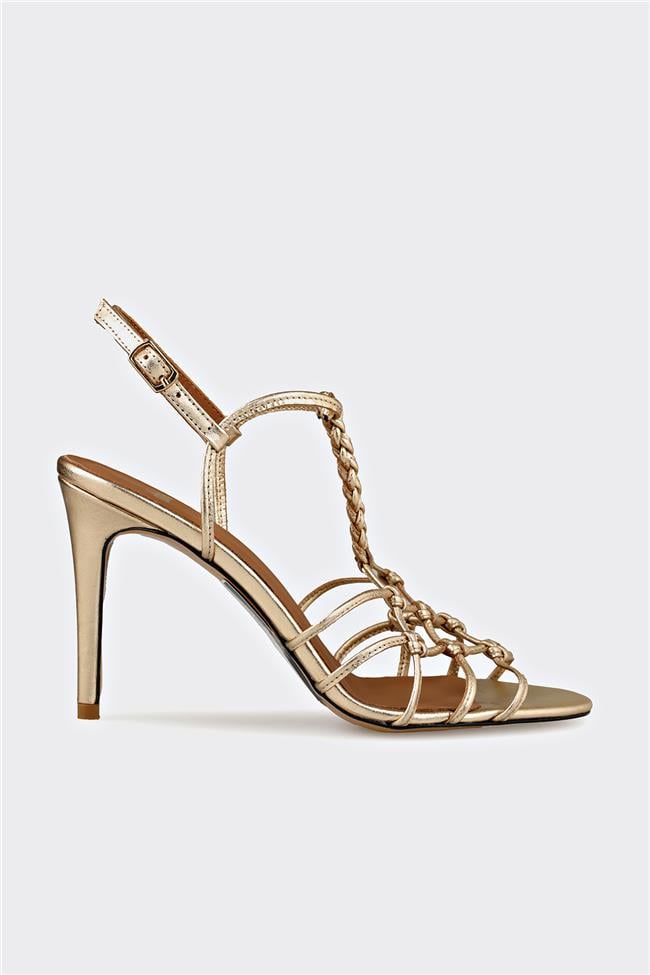 Gold Deri Kadın Topuklu Sandalet