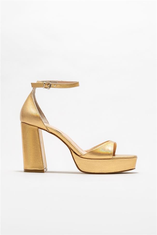 Gold Deri Kadın Topuklu Sandalet